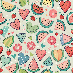 Summer's Sweet Symphony: A vibrant illustration bursting with juicy watermelon slices and other colorful fruits, arranged in a joyful and dynamic pattern.