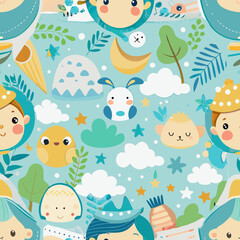Naklejka premium Enchanting Whimsy: A vibrant, repeating pattern filled with adorable cartoon characters and cheerful, illustrative elements that evoke a sense of childlike wonder and creative play.