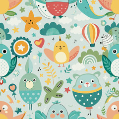Whimsical Wonders: A vibrant, seamless pattern of charming, cartoonish birds, stars, clouds, hot air balloon, and whimsical elements.