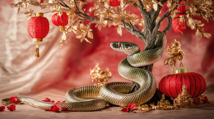 A majestic snake entwines around a decorated Chinese New Year tree, its shimmering golden and green scales adding to the festive atmosphere, with red lanterns and golden ornaments symbolizing prosperi
