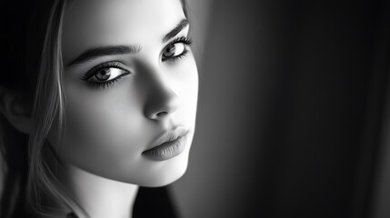 Fototapeta premium Elegant Monochrome Portrait of a Beautiful Young Woman with Glamorous Makeup