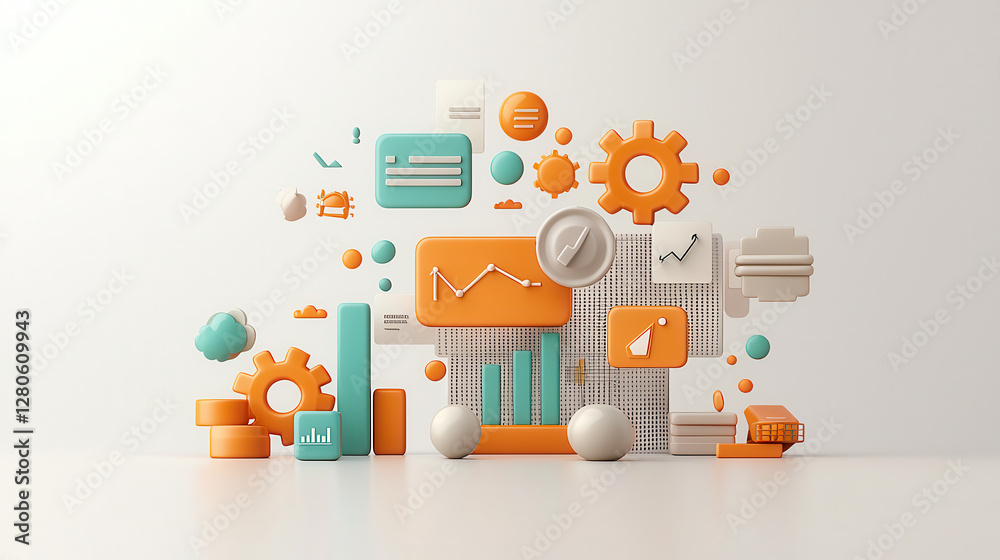Poster 3d composition of stacked app icons featuring gears, charts, and graphs in orange, teal, and white, 