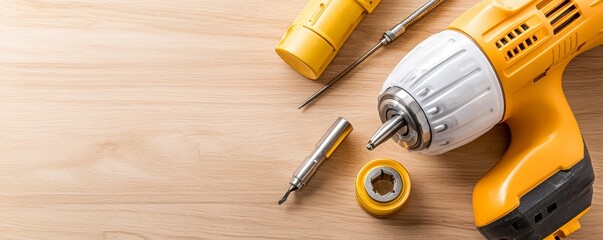 Power Drill and Accessories on Wood Surface for Repair Projects DIY Construction and Home Improvement