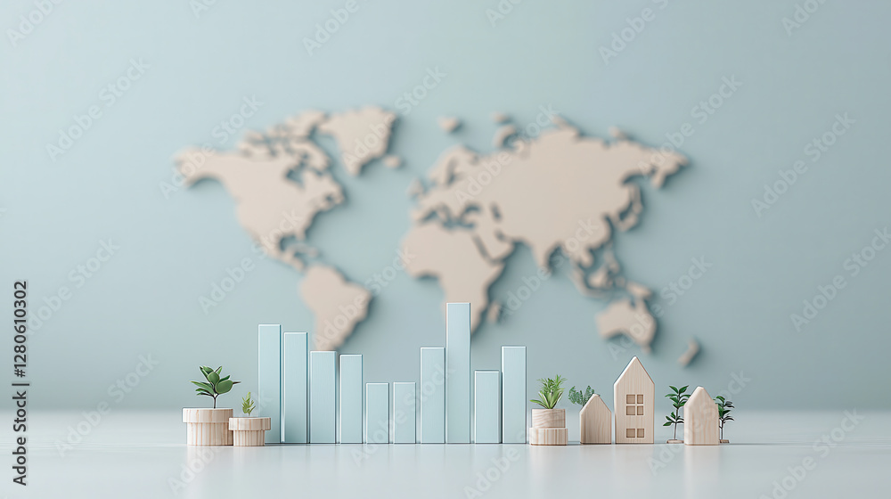 Aufkleber 3D graph with steadily increasing light blue bars and small plants in pots is set against blurred world map background, symbolizing global growth and sustainability