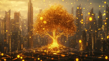 Glowing tree in futuristic cityscape, golden lights, urban fantasy scene