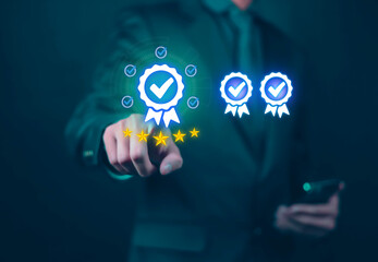 Businessman holding quality certification mark, audit, business, assurance, control, digital, service, complete, assessment, checklist, data with quality icon.