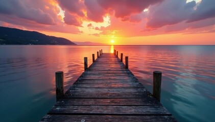 Fototapeta premium Rustic weathered dock at sunset, tranquil waters , orange, nature