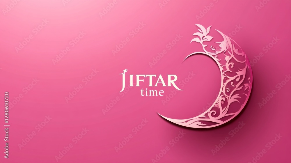 Poster a beautiful representation of iftar time, featuring an ornate crescent moon design on a soft pink ba