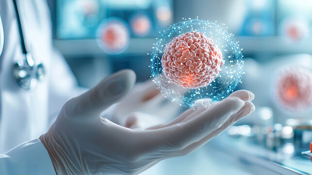 doctor in lab coat holds digital representation of virus, symbolizing advanced medical technology and innovation in healthcare