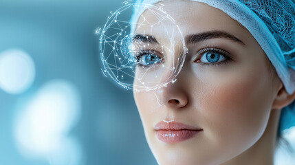 woman in medical setting with digital interface overlay near her eye, symbolizing advanced technology in healthcare. She wears surgical cap, highlighting futuristic approach to medical innovation