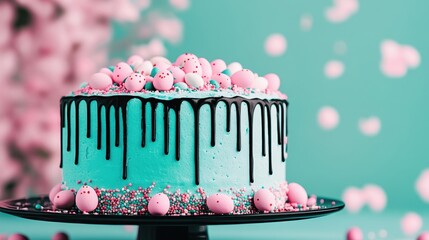 A vibrant cake topped with pink candies and chocolate drizzle, set against a teal background, creating a festive and delightful atmosphere.
