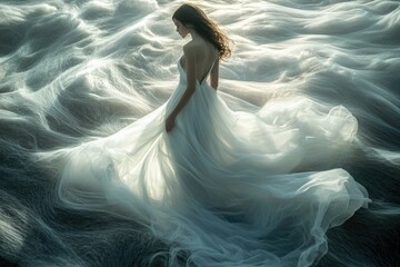 Naklejka premium A woman in a flowing white gown stands amidst ethereal, wave-like fabric, creating a dreamy and surreal scene.
