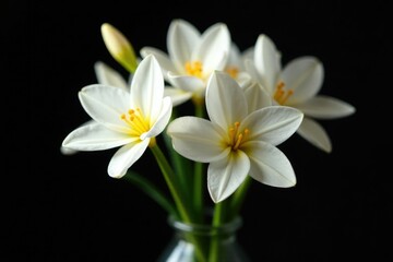 Delicate white flowers blooming in a vase with isolated apricots on black background, floral, blossoms, petals