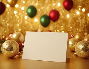 Blank greeting card on a festive Christmas backdrop with ornaments and sparkling lights.