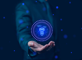 Businessman using AI robot technology. A man uses a laptop to talk to AI artificial intelligence. Future technology.