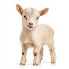 Fototapeta premium Adorable Baby Goat Kid Posing Against White Background Charming Fluffy Cream-Colored Animal Portrait