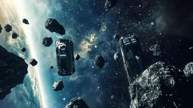 Exploration of asteroid mining colony in distant outer space during a cosmic sunrise, asteroid mining colony in outer space, Seamless ing video background
