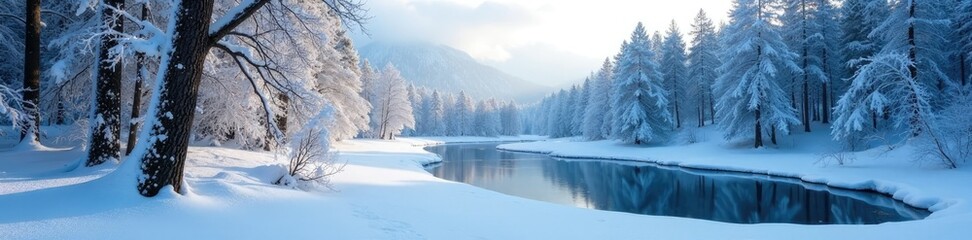 Dense snow-covered forest with bare trees and frozen lakes, cold weather, ice, frost