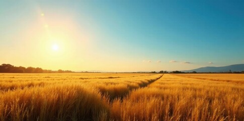 Empty field under a brilliant blue sky Golden hour light, calm atmosphere , countryside, field