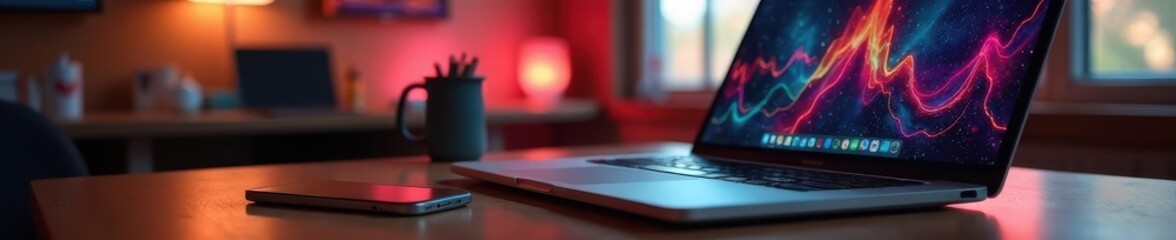 Laptop open on a desk, seen from directly above, minimalist, internet