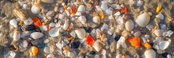 Colorful seashells and pebbles spread across sandy beach surface