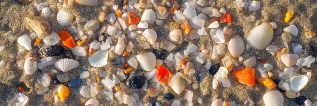 Colorful seashells and pebbles spread across sandy beach surface