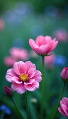 Fototapeta premium Flowers in garden with soft pink and blue hue, pink, botanical, bloom