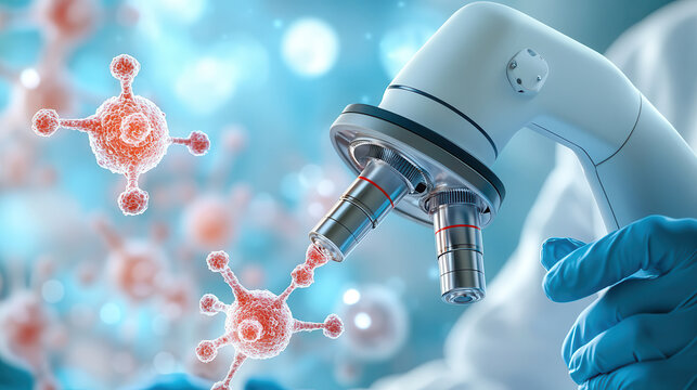 scientist in blue gloves examines molecular structures through microscope in high tech biotechnology lab, highlighting AI powered robotic advancements in research