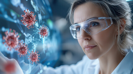 scientist in high tech research center examines virus models on digital screen, wearing protective eyewear. setting is futuristic, emphasizing advanced disease research and technology
