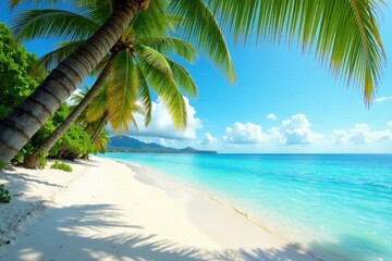 Azure water laps white sand beach, lush palms sway , islands, clouds