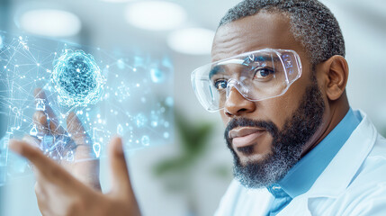 doctor wearing smart glasses interacts with holographic medical display in futuristic telemedicine center. advanced technology enhances patient care and diagnostics