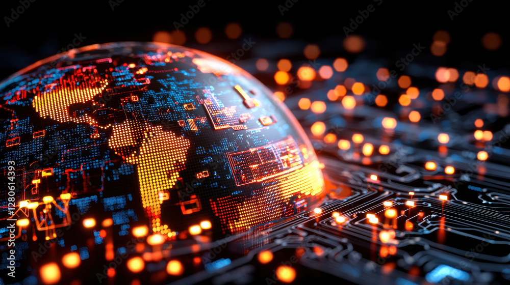 Aufkleber glowing digital globe with interconnected financial hubs and circuits symbolizes global connectivity