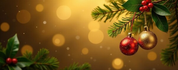 Glittering mistletoe hangs from a luxurious golden backdrop with festive holly and berries, glitter, festive