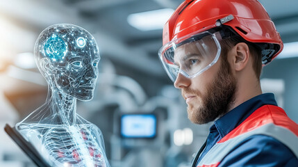man in red hard hat and safety goggles interacts with futuristic holographic robot in industrial setting, showcasing advanced technology and human collaboration
