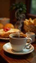 Steaming black coffee and abundant breakfast buffet items, breakfast items, hotel experience, pastries