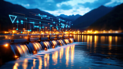 digital themed hydroelectric plant scene at night shows glowing data overlays, reflecting on water. illuminated landscape creates futuristic and technological atmosphere