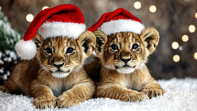 Baby lions sporting Santa hats in a festive winter wonderland setting, Baby lions wearing a Santa Claus hat on isolated Christmas party background