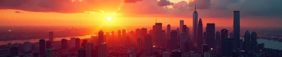 Fototapeta premium Sunset cityscape, skyscrapers ablaze with golden light, modern, perspective, windows
