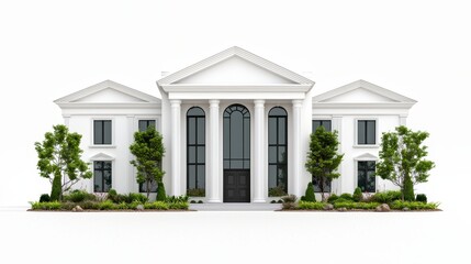 Grand Neoclassical Mansion with White Facade and Lush Landscaping