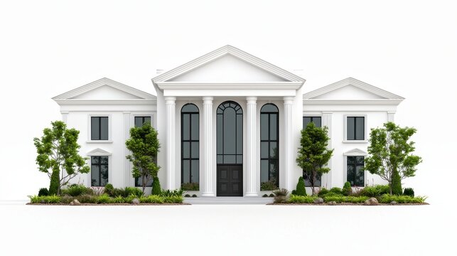Grand Neoclassical Mansion with White Facade and Lush Landscaping - Powered by Adobe