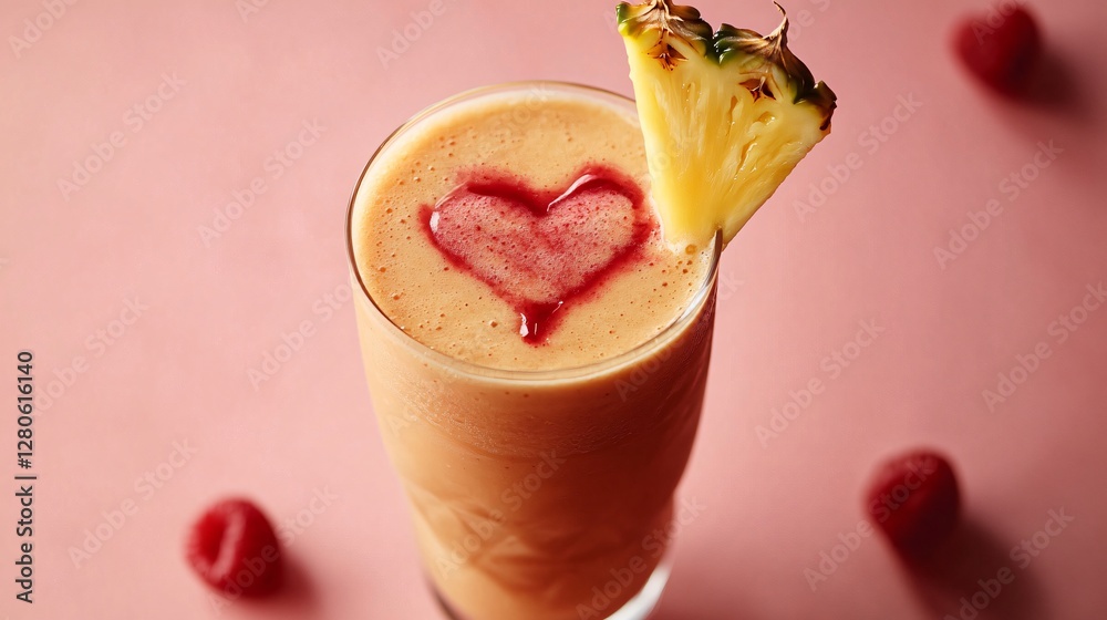 Poster A Valentine’s Day edition featuring a heart-shaped pineapple slice on the rim of the smoothie glass, with a delicate drizzle of raspberry syrup