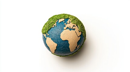 Fototapeta premium Miniature Earth Model with Green Textured Landmasses on White Background Promoting Environmentalism and Sustainability