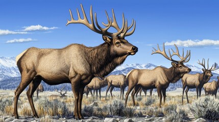 Obraz premium Majestic Elk Herd in a Serene Landscape with Snow-Capped Mountains and Clear Blue Sky at Daytime