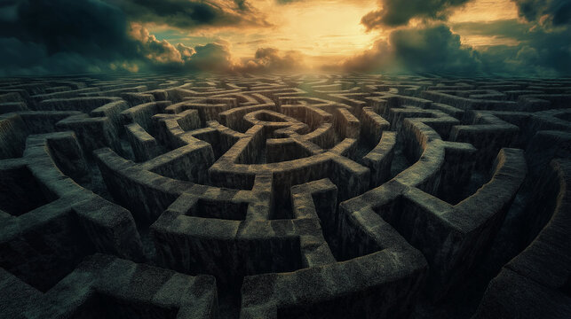 Mysterious giant stone labyrinth under a dramatic sky symbolizing challenge, mystery, and the journey of discovery