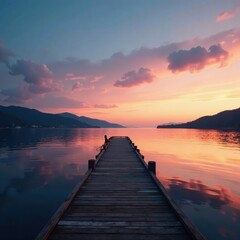 Fototapeta premium Serene dusk, long dock on placid waters, soft light, background, peace, quiet