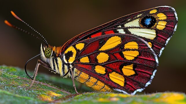 Colorful butterfly perched on leaf, rainforest background, nature photography