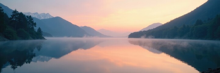 Fototapeta premium Misty water reflection on a serene lake surface at dawn, peaceful scene, , calm water
