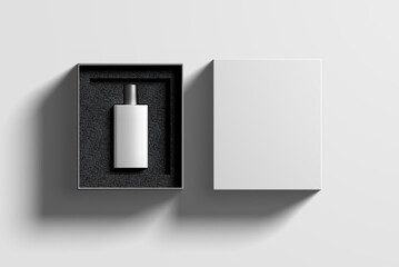 Blank perfume bottle in hard box for branding, 3d render illustration.