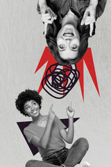 Vertical art creative trend collage of two happy girls upside-down point index fingers gesture...