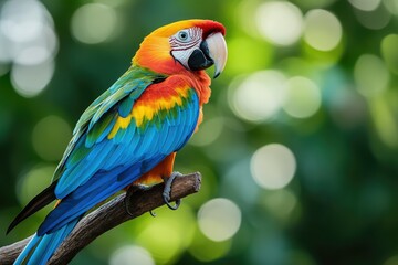 Obraz premium A vibrant Scarlet Macaw perched on a branch, showcasing its bright red, blue, yellow, and green plumage against a bokeh background.